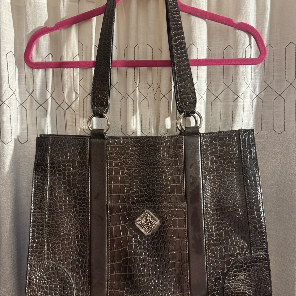 Coldwater Creek Dark Brown Leather Crocodile-Patterned Tote